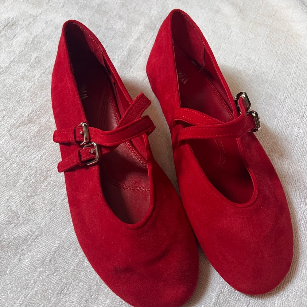 Zara Red Suede Mary Jane Flats